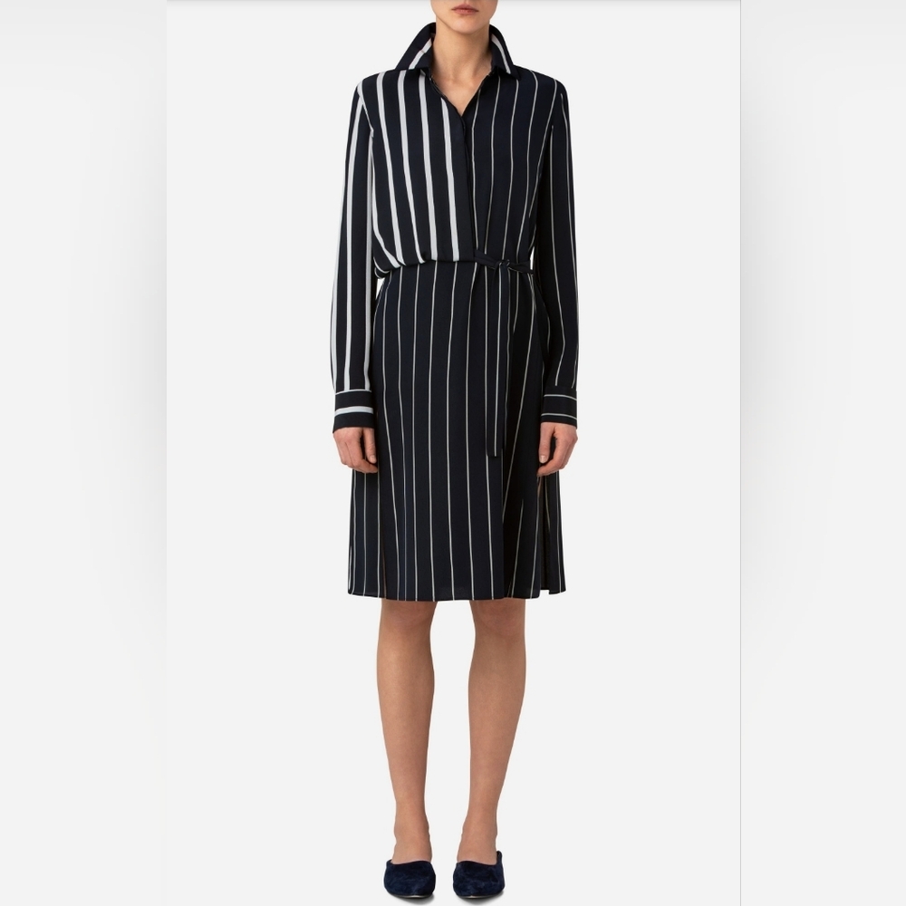 Akris Mixed Stripe Belted Silk Crepe De Chine Shirtdress w/ Belt, Size: US 10